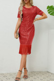 Party Celebrities Solid Tassel Sequins O Neck One Step Skirt Dresses
