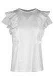 Sweet Solid Jacquard Flounce O Neck Tops