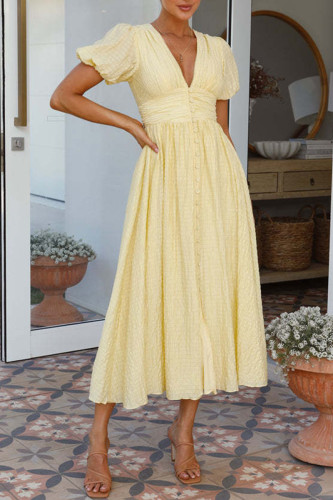 Sweet Solid Buttons V Neck Princess Dresses
