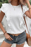 Sweet Solid Jacquard Flounce O Neck Tops
