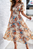Elegant Floral Patchwork V Neck Waist Skirt Dresses