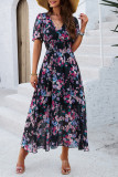 Elegant Floral Patchwork V Neck Waist Skirt Dresses