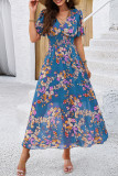Elegant Floral Patchwork V Neck Waist Skirt Dresses