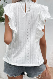 Sweet Solid Jacquard Flounce O Neck Tops