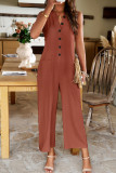 Casual Simplicity Solid Pocket Buttons O Neck Loose Jumpsuits
