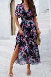 Elegant Floral Patchwork V Neck Waist Skirt Dresses
