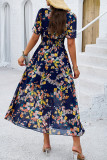Elegant Floral Patchwork V Neck Waist Skirt Dresses