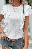 Sweet Solid Jacquard Flounce O Neck Tops