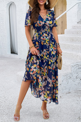 Elegant Floral Patchwork V Neck Waist Skirt Dresses