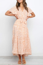 Elegant Print Flowers Frenulum V Neck A Line Dresses
