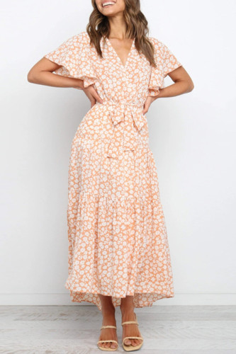 Elegant Print Flowers Frenulum V Neck A Line Dresses