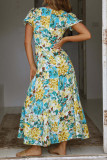 Sweet Elegant Print Flowers Patchwork Square Collar Printed Dress Dresses
