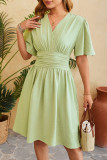 Sweet Simplicity Solid Fold V Neck Waist Skirt Dresses