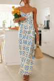 Sexy Vacation Print Flowers Backless V Neck Waist Skirt Dresses