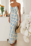 Sexy Vacation Print Flowers Backless V Neck Waist Skirt Dresses