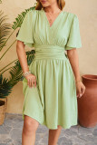 Sweet Simplicity Solid Fold V Neck Waist Skirt Dresses