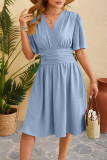 Sweet Simplicity Solid Fold V Neck Waist Skirt Dresses