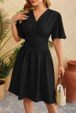 Sweet Simplicity Solid Fold V Neck Waist Skirt Dresses