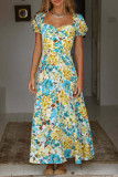 Sweet Elegant Print Flowers Patchwork Square Collar Printed Dress Dresses