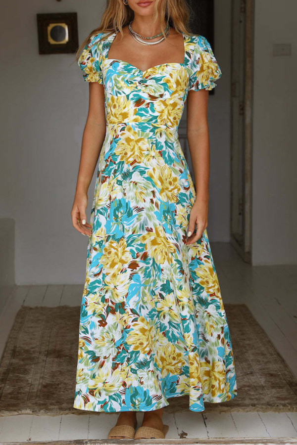 Sweet Elegant Print Flowers Patchwork Square Collar Printed Dress Dresses