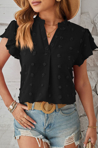Solid Polka Dot Fur Ball V Neck Tops