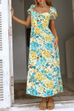 Sweet Elegant Print Flowers Patchwork Square Collar Printed Dress Dresses