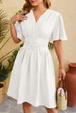 Sweet Simplicity Solid Fold V Neck Waist Skirt Dresses