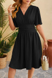 Sweet Simplicity Solid Fold V Neck Waist Skirt Dresses