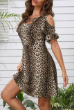 Vintage Print Leopard Hollowed Out V Neck Printed Dress Dresses