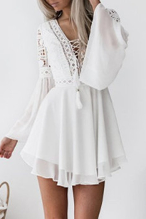 Sexy Vacation Solid Lace V Neck A Line Dresses