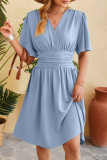 Sweet Simplicity Solid Fold V Neck Waist Skirt Dresses