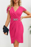 Sexy Celebrities Solid Metal Accessories Decoration Fold V Neck Pencil Skirt Dresses
