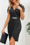 Sexy Celebrities Solid Metal Accessories Decoration Fold V Neck Pencil Skirt Dresses