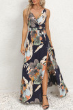 Sexy Vacation Floral Bandage Slit V Neck Printed Dress Dresses