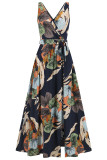 Sexy Vacation Floral Bandage Slit V Neck Printed Dress Dresses