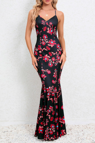 Sexy Formal Print Flowers V Neck Trumpet Mermaid Dresses