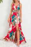 Sexy Vacation Floral Bandage Slit V Neck Printed Dress Dresses