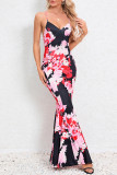 Sexy Formal Print Flowers V Neck Trumpet Mermaid Dresses