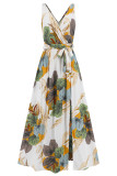 Sexy Vacation Floral Bandage Slit V Neck Printed Dress Dresses