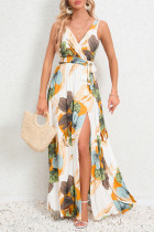 Sexy Vacation Floral Bandage Slit V Neck Printed Dress Dresses