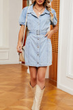 Casual Street Solid Buckle With Belt Turndown Collar Short Sleeve Straight Denim Dresses