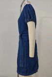 Casual Street Solid Buckle With Belt Turndown Collar Short Sleeve Straight Denim Dresses