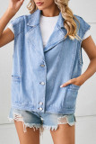 Casual Sportswear Solid Pocket Turn-back Collar Sleeveless Loose Denim Jacket