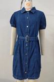 Casual Street Solid Buckle With Belt Turndown Collar Short Sleeve Straight Denim Dresses