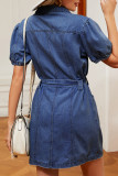 Casual Street Solid Buckle With Belt Turndown Collar Short Sleeve Straight Denim Dresses