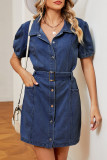 Casual Street Solid Buckle With Belt Turndown Collar Short Sleeve Straight Denim Dresses