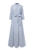 Casual Striped Print Buckle With Belt Turndown Collar Shirt Dress Dresses