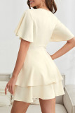 Sweet Solid Hollowed Out V Neck Cake Skirt Dresses