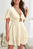 Sweet Solid Hollowed Out V Neck Cake Skirt Dresses