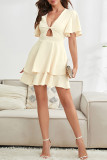 Sweet Solid Hollowed Out V Neck Cake Skirt Dresses